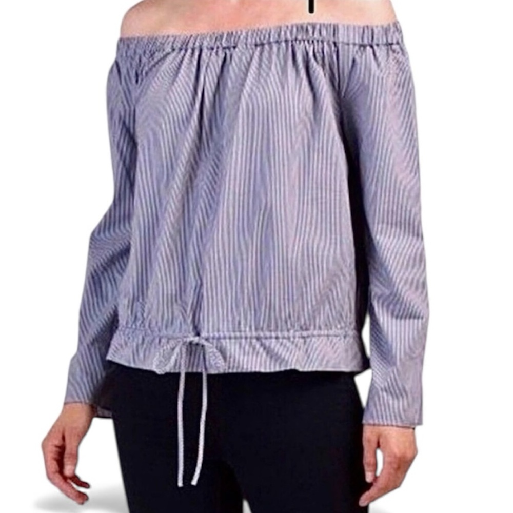 Theory Odettah Off Shoulder Blue White Seersucker Drawstring Waist Blouse Size L